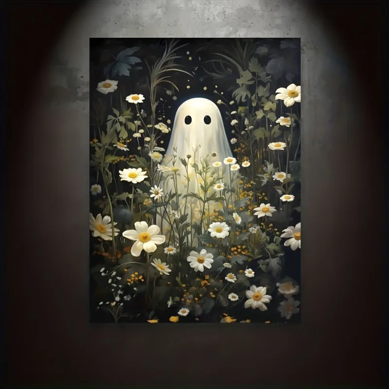 

Retro Cute Ghost Companion & Reads Book Canvas Prints Monster Holds Black Cat Wall Art Poster for Living Room Halloween Decor