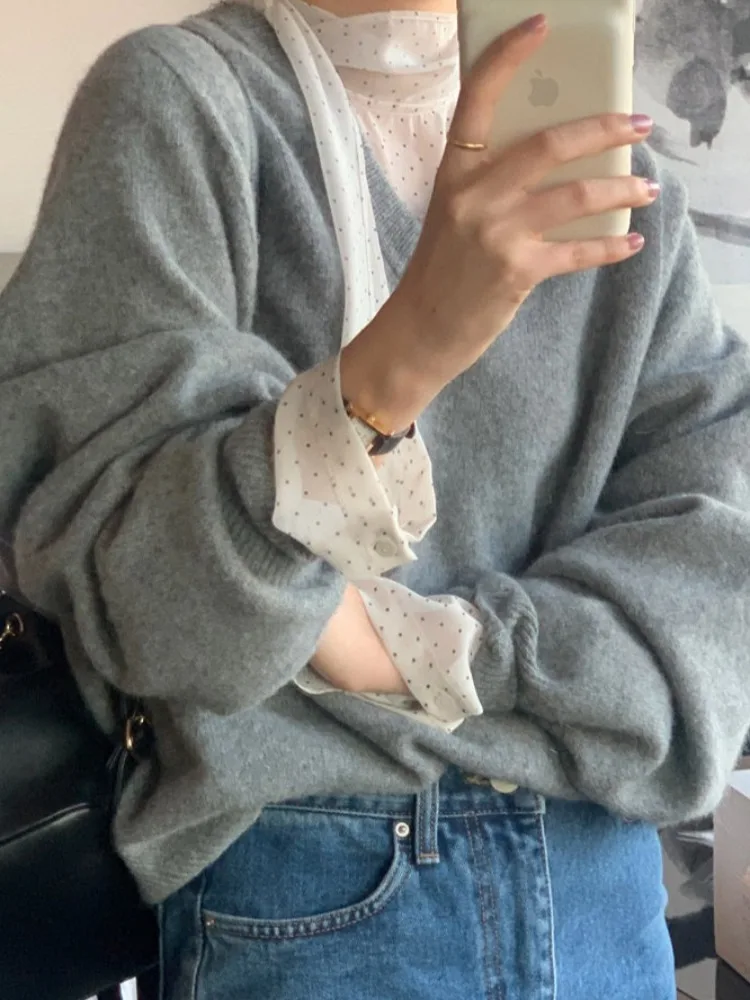 قميص أنيق ربيعي لطيف بياقة واقفة وتصميم كتلة الألوان فضفاض بأكمام طويلة قميص علوي بنمط منقط موضة نسائية