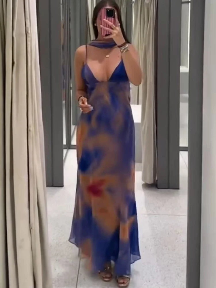 TFMLN Elegant Women Sling Dress With Scarf Holiday Sleeveless Backless Evening Dress Chic Tie-dye Print Summer Vacation Outfit