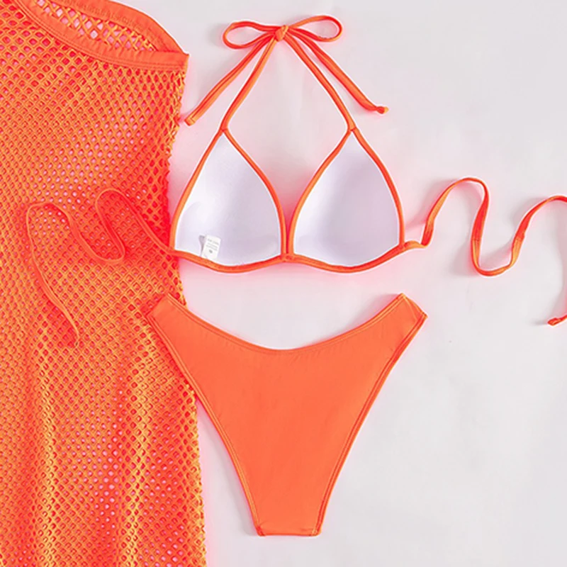 비키니 세트 수영복 여성 섹시 트라이앵글 레이스업 끈 마이크로 비키니 원숄더 드레스 커버업 2025 신상 비치 3피스 수영복