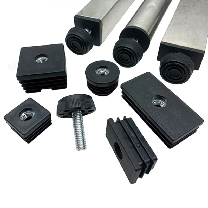 1Pcs M8 Adjustable Foot Square Round Black Plastic Tube Plug Dust Cover for Furniture Tables and Chairs Sliding Leveling Foot