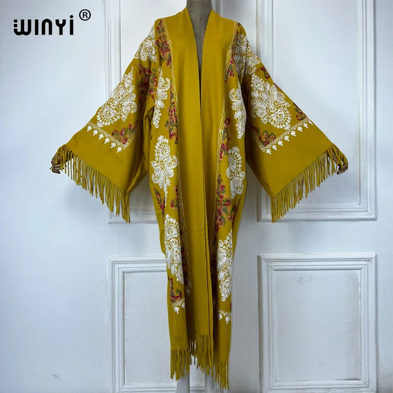 WINYI kimono Embroidered tassel long down cardigan winter coats for women abaya dubai luxury elegant dresses womens outerwears