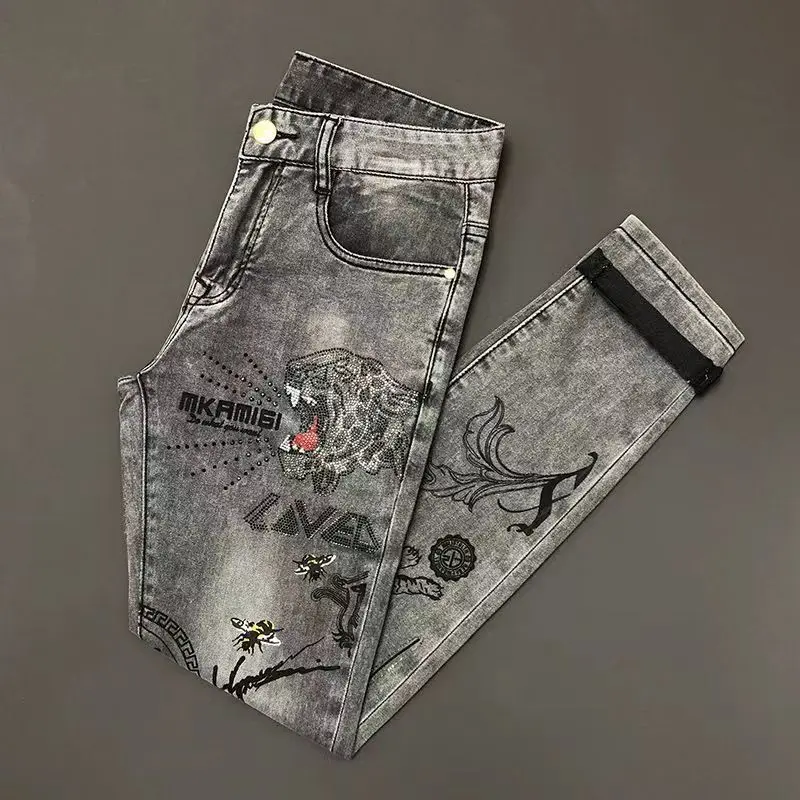 High-end Hot Diamond Jeans Men's Spring and Autumn Tide Brand Slim-fitting Small Feet Tiger Print Gray Casual Men Trousers Man