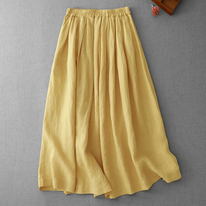 

2025 New Summer Casual Yellow Big Swing Skirts Women Chinese Style Cotton Linen Breathable Elastic Waist A-Line Midi Skirt