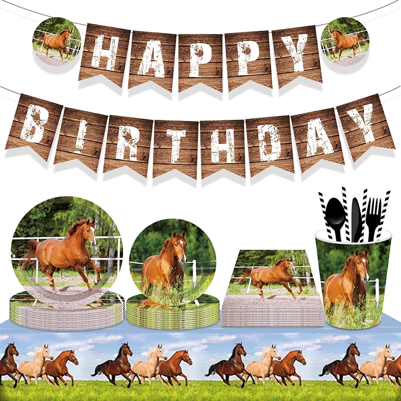 Horse Theme Party Decoration Horse Number Balloon Set Disposable Tableware Cowboy Theme Birthday Baby Shower Supplies Kids Favor