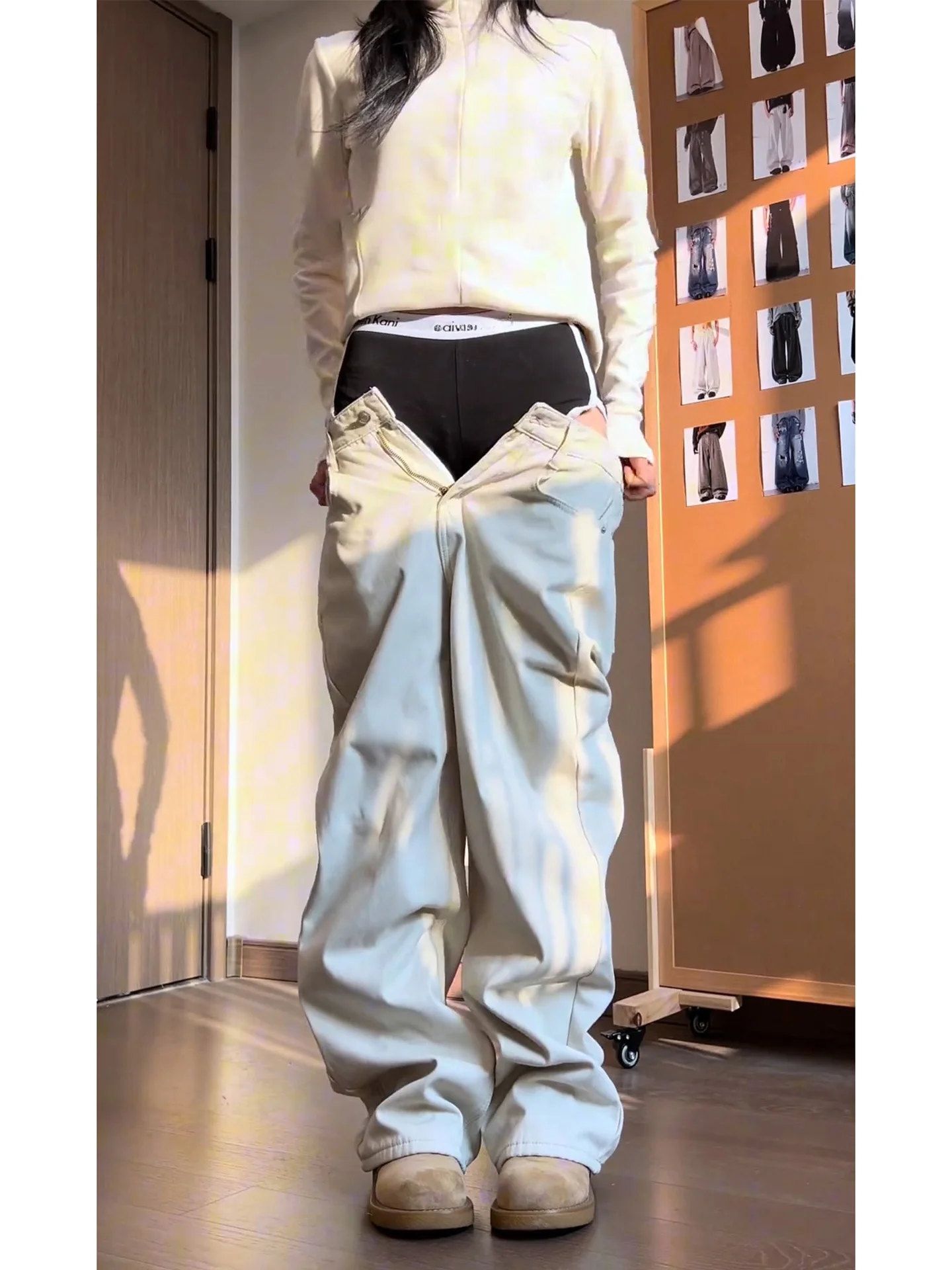 

Thiened Fce Широкие джинсы Мужчины Женщины Осень Зима Теплые брюки прямого кроя Slim Fit Thiened Denim High Street Sle