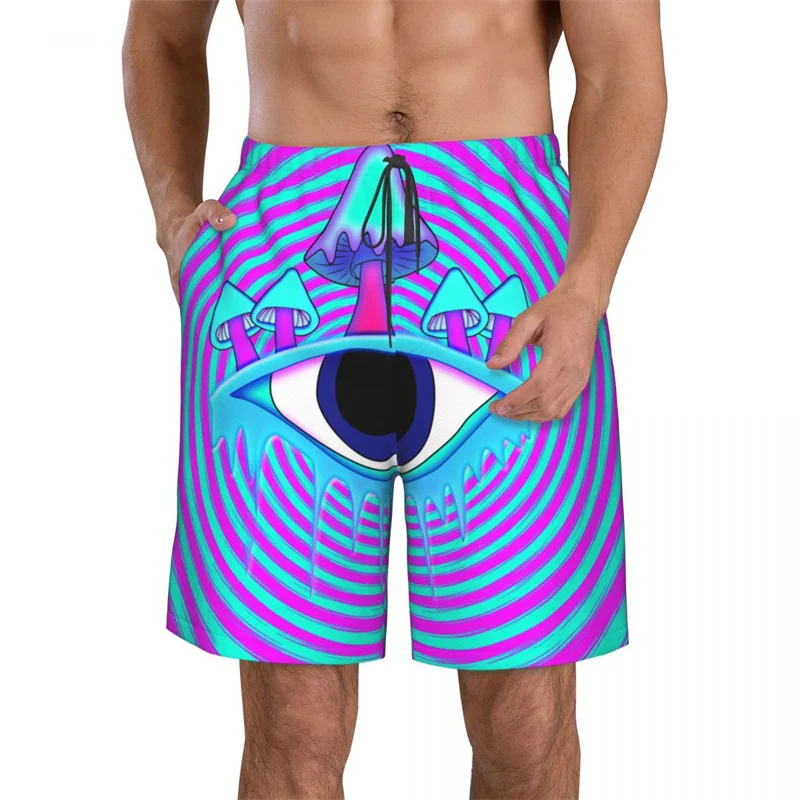 Colorido impressão 3d cogumelo luminescente praia shorts homens verão troncos de natação surf board shorts rua calças curtas de grandes dimensões