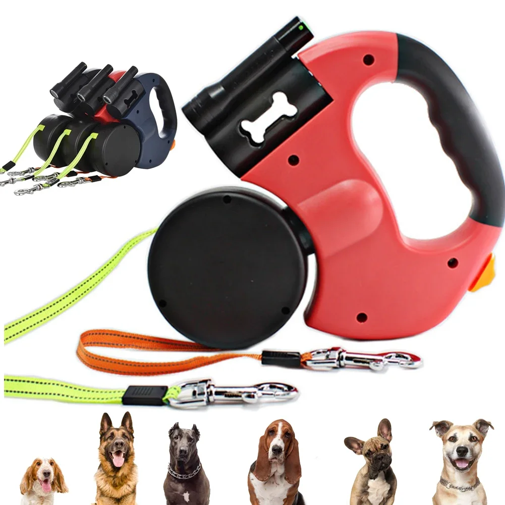 3m Auto Retractable Double-Ended Traction Rope Roulette Pet Supplies with Flashlight Waste Bag Box Dual Dog Leash Accessories