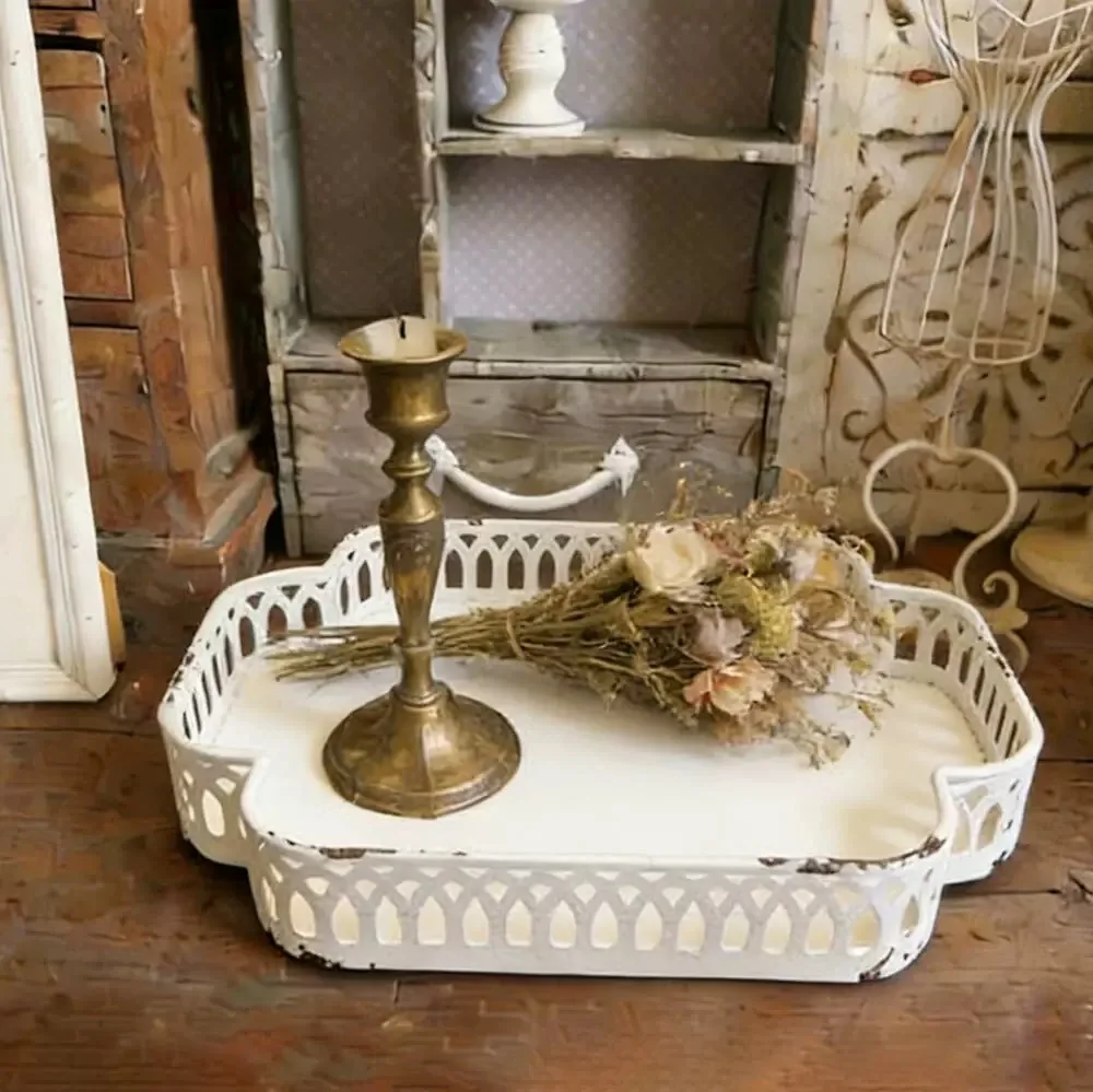 

Vintage White Decorative Metal Tray with Ornate Pierced Edge, Distressed Finish, Footed Serving Tray, 30cm x 21cm x 6cm
