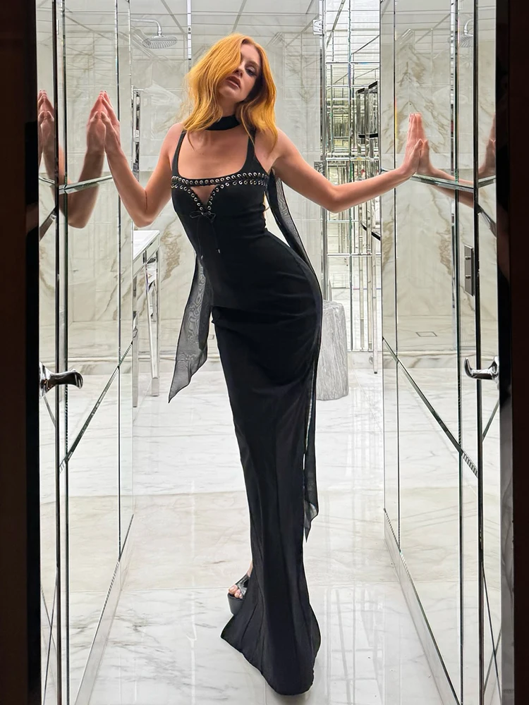VC artistique noir à bretelles sans manches à lacets et ruban transparent robe pour robe de soirée gala créative