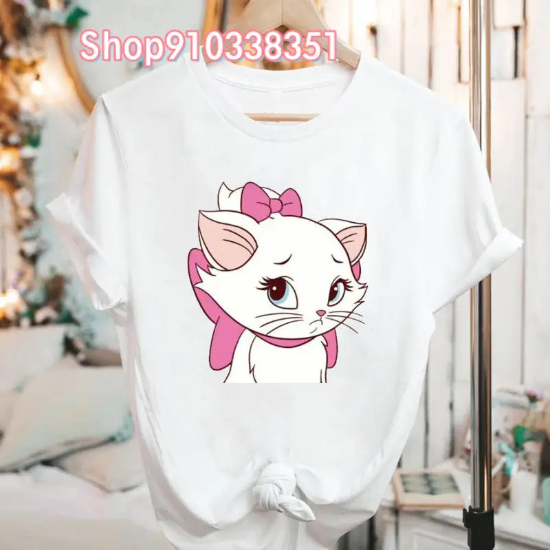 Japon Yaz Aristocats Marie Kedi Kawaii Elbise Beyaz Kısa Kollu Grafik T Shirt Tiki Tarzı Kadın Büyük Boy T Shirt