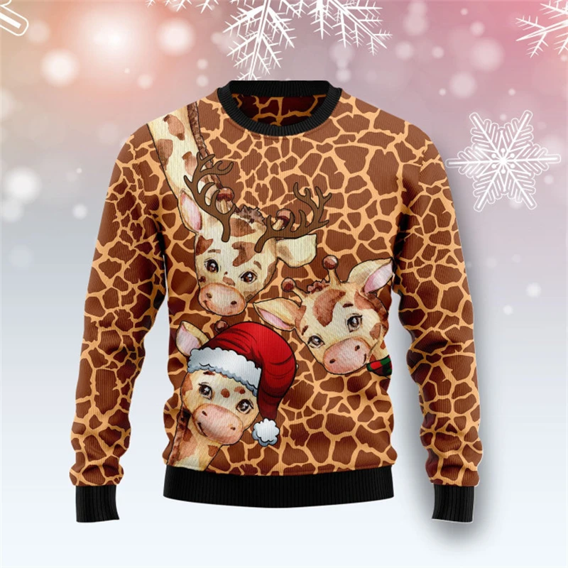 3D Print Animal Giraffe Pattern Christmas Jumper Sweatshirts For Men New In Round Neck Pullover Sweatshirt Tops Mens Xmas Hoody