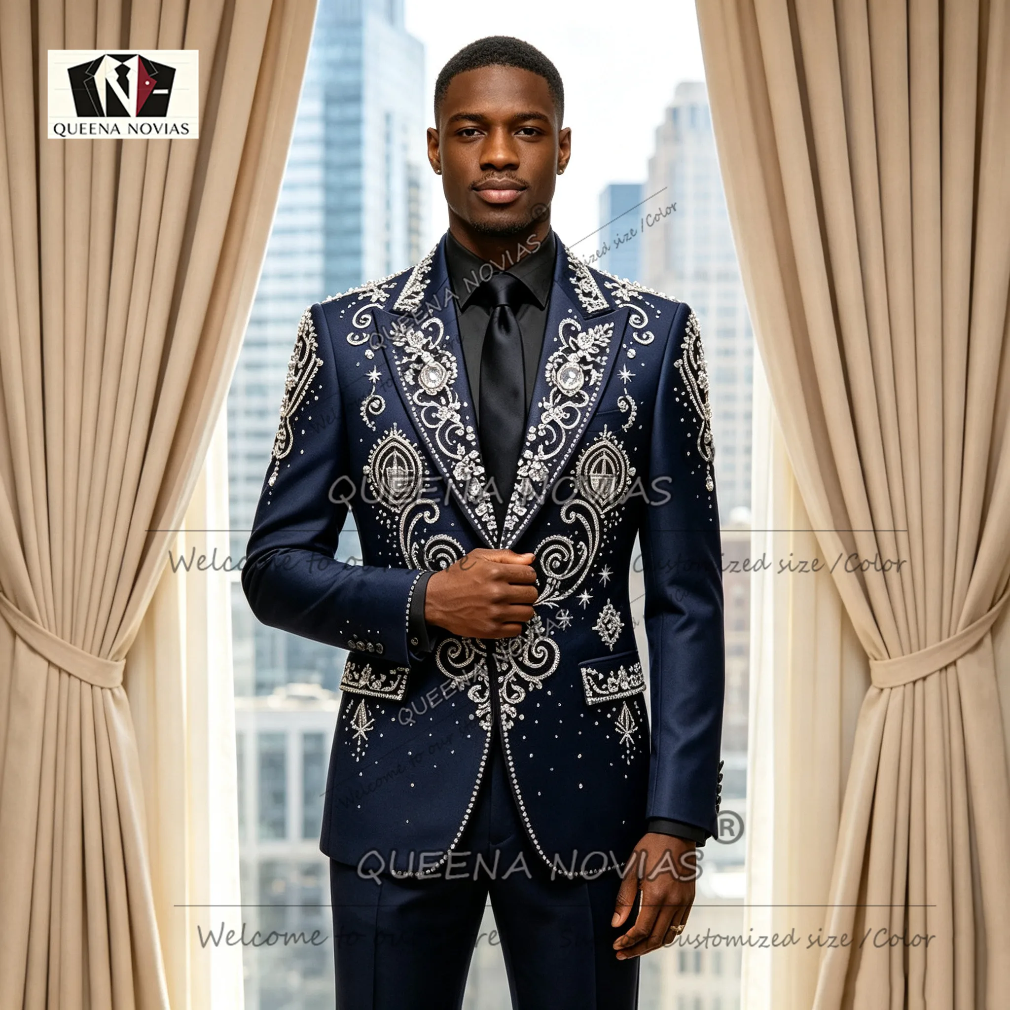 Exclusive Crystals Beading Suit Men For Wedding Slim Fit Single Breasted Jacket With Pants 2 Piece Sets Groom Formal Wear Tuxedo