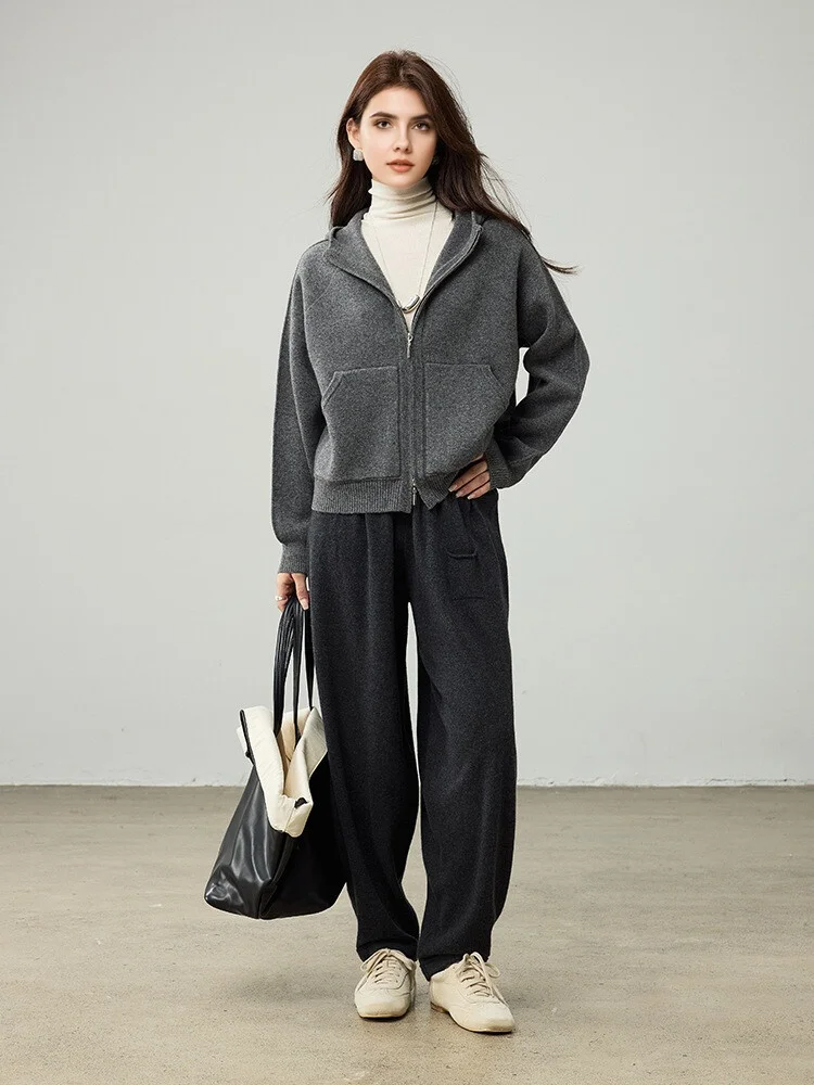 SuyaDream, Hooded Cardigans For Woman, 100%Merino Wool, Cozy Sweaters, 2025 Fall Winter Jackets, White, Grey