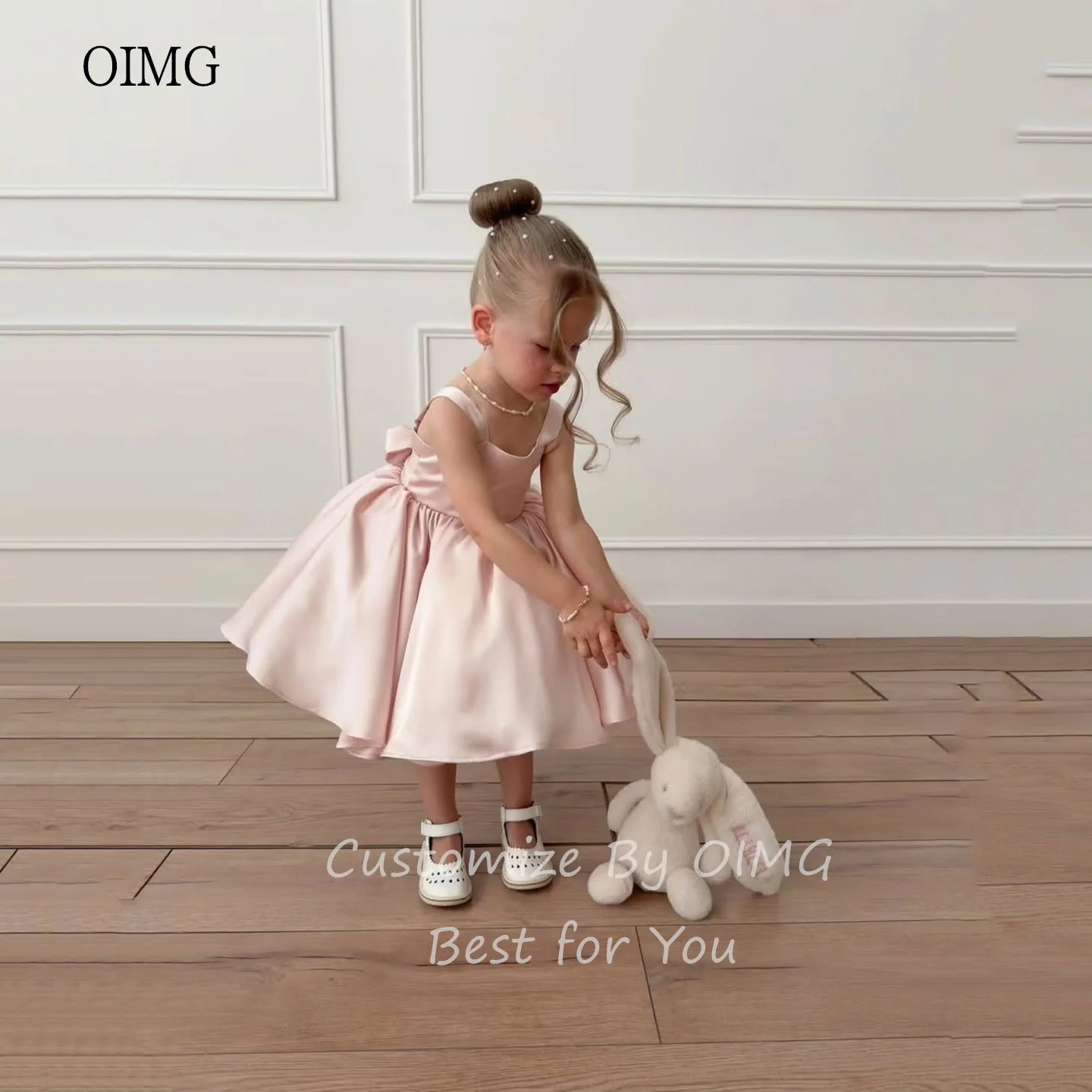 OIMG Cute Pink A Line Flower Girl Dresses Square Neck Bow Back Wedding Party Dress Knee Length Birthday Dress 2025 Customized