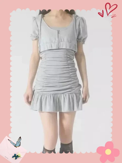 

Japanese Mass-produced Short Jacket Sports Wind Pleated Dress Sweet Girls Versatile Gray Short-sleeved Slim-fit Dresses
