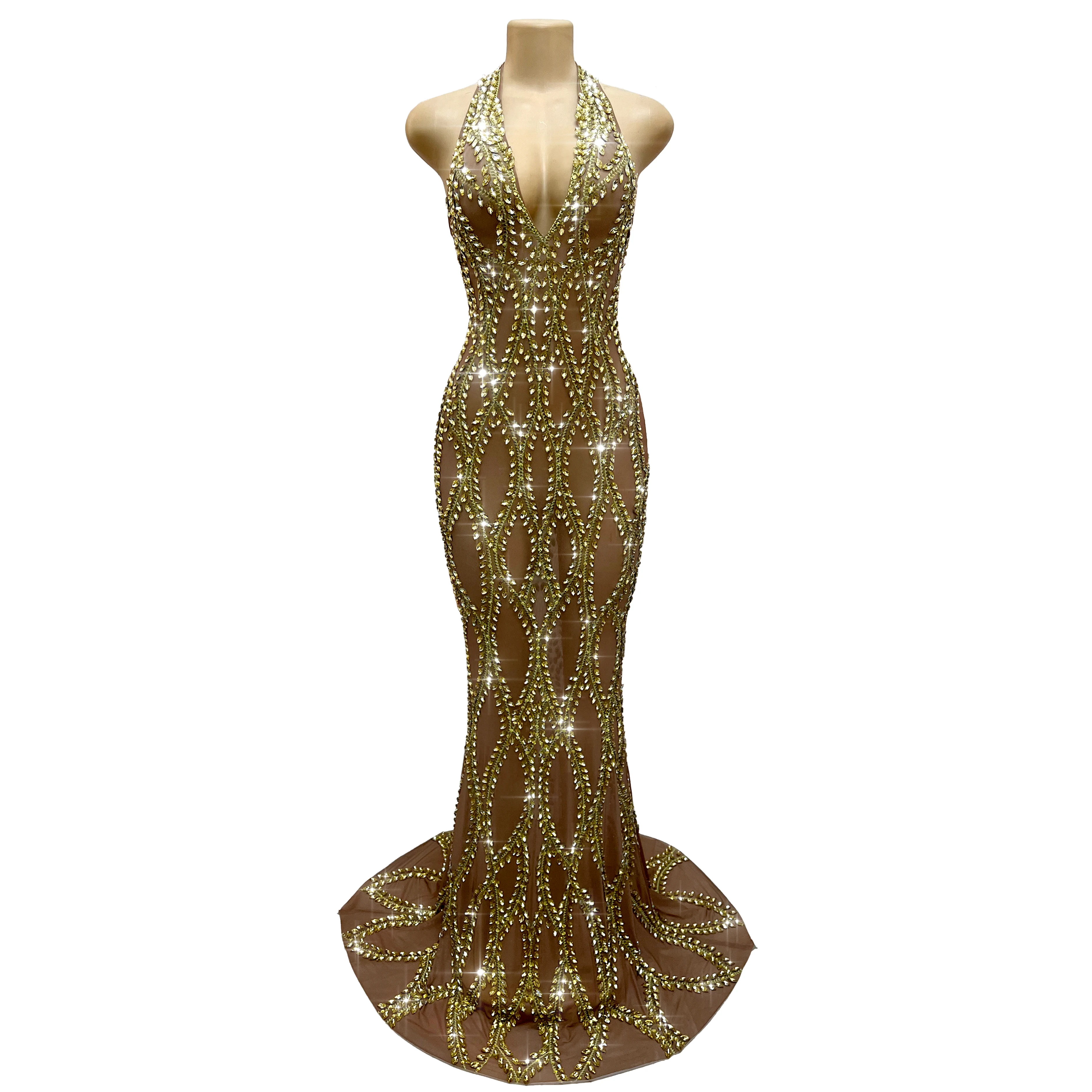 

High-end Flashing Rhinestones Sexy V-neck Backless Mesh Trailing Dress Evening Prom Elegant Gown Red carpet Outfit Tengliuzhi