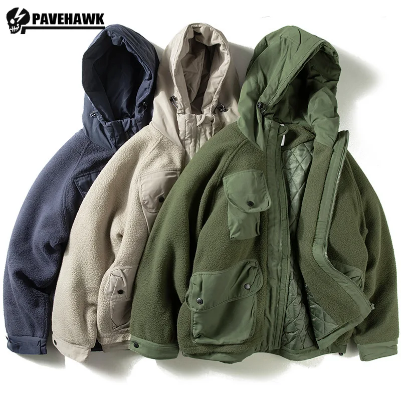 Heavyweight Fleece Patchwork Men Cotton Jacket Japanese Multi Pocket Hooded Parkas Windproof Warm Thickened Loose Mens Coat