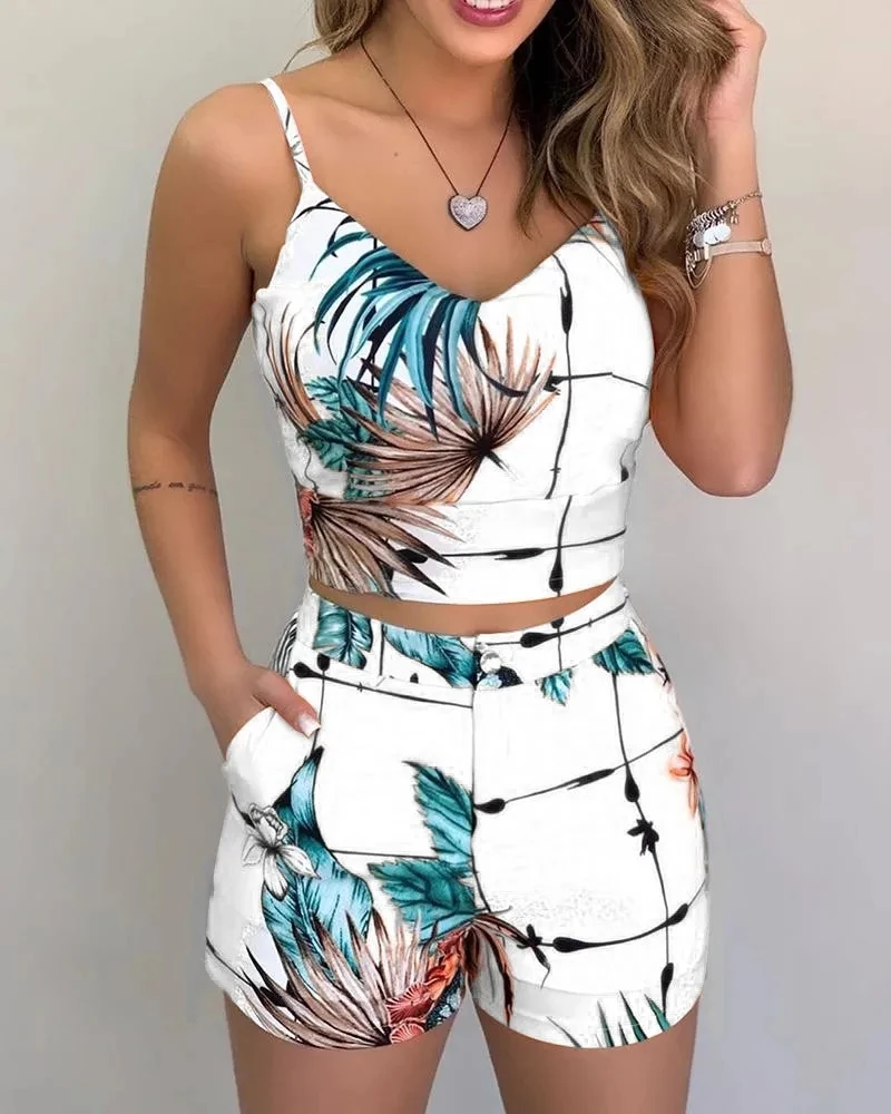 

Summer Women's Print Two-piece 2024 Fashion Deep V-neck Belt Beach Style Holiday Style Casual Sexy Two-piece Set