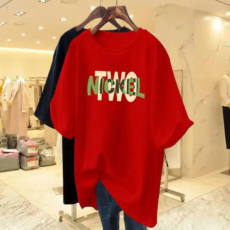 Women's Fashion Letter Versatile T-shirt 2024 Summer New All Cotton Short Sleeve O-neck Loose Pullover Lady Basics Top Tee S-4xl