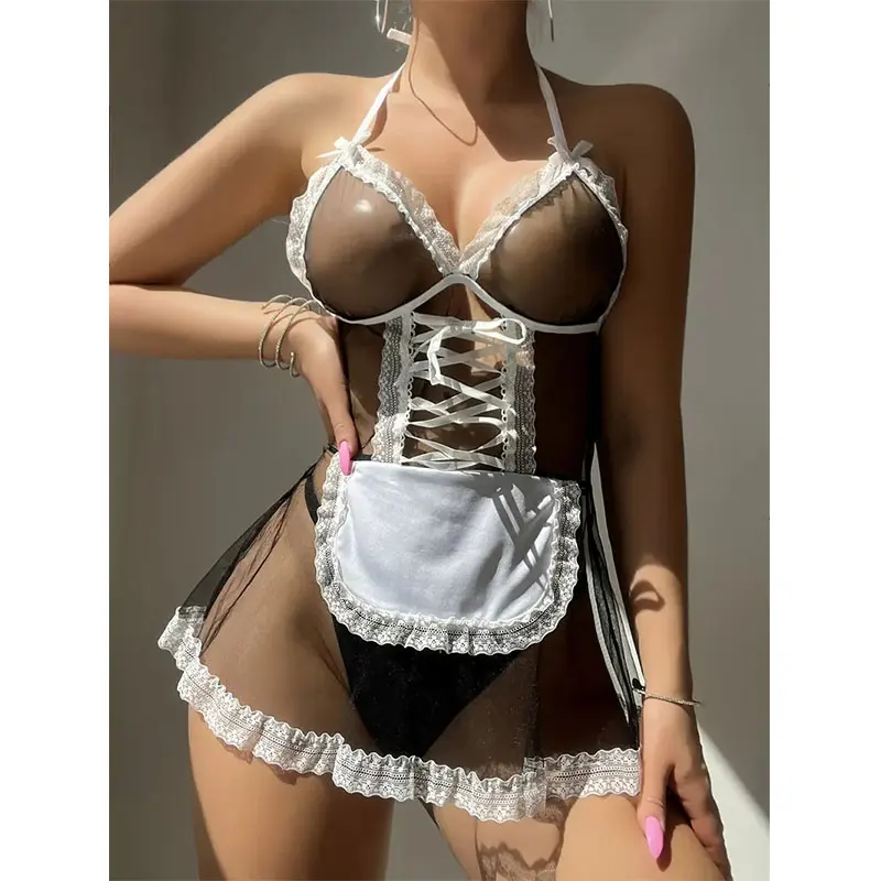 Cosplay Maid Short Skirt Sexy Crotchless Lingerie Exotic Erotic Costume Adult Role Play Uniform Transparent Sex Babydoll Dress