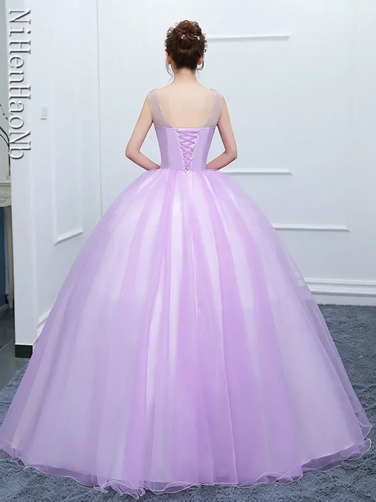 Light Purple Quinceanera Dresses O-nek Appliques Vestidos Sweet 16 Years Party Prom Vintage Floor-Length Ball Gown Summer