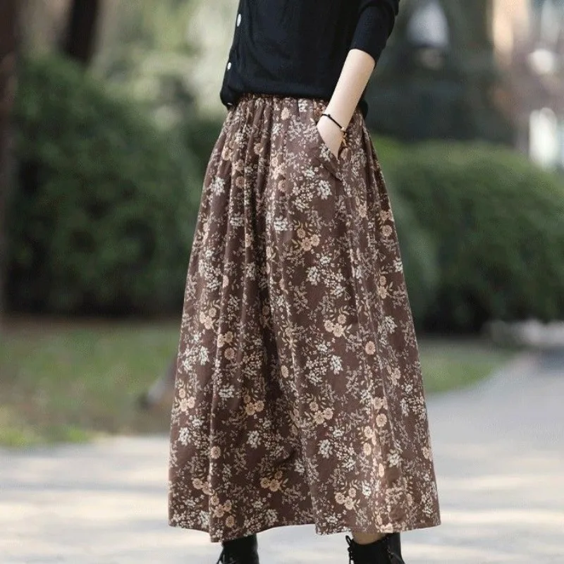 Vintage Midi Skirts Women Loose A-line Floral Print Elastic Waist All-match Classical Spring Summer Literary Elegant L-5XL Mujer