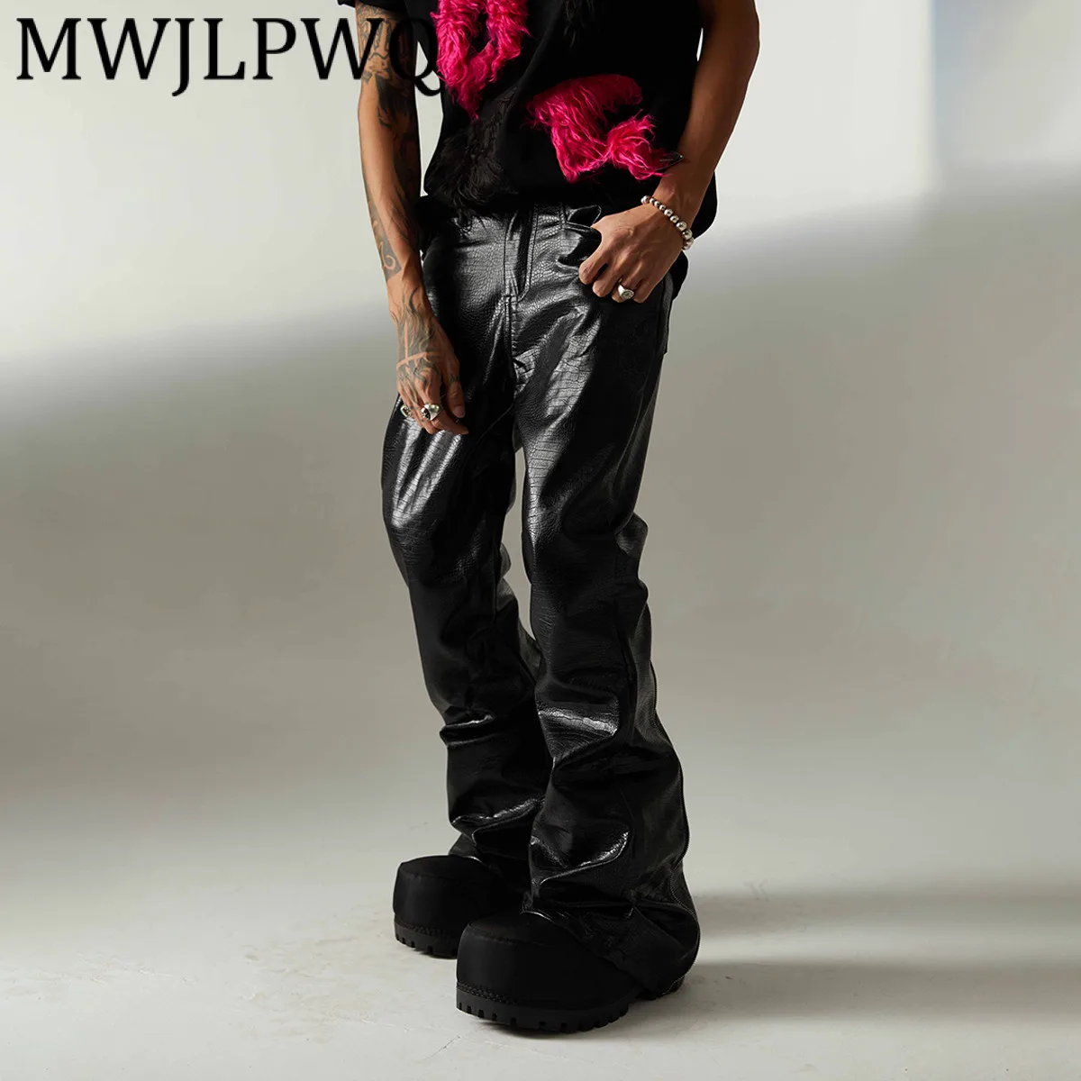 

MWJLPWQ High Street мотоциклетные кожаные слегка расклешенные брюки в американском стиле, мужские модные нишевые брюки с узором, осень 2024, 21380