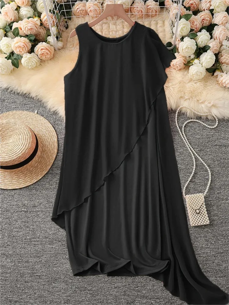 Gaun Midi Tanpa Lengan Sifon Tidak Beraturan Elegan Musim Panas Gaun Longgar Leher-o Solid Kasual Fashion Wanita Gaun Pesta Wanita Kantor