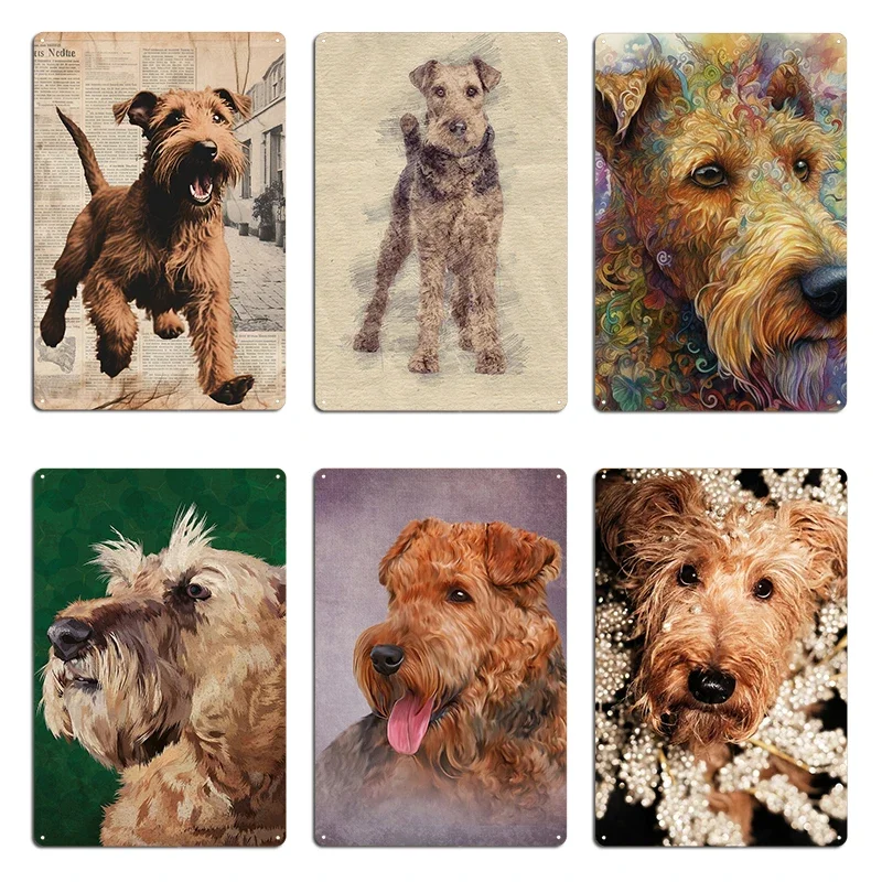 Vintage looking Irish Terrier Airedale Terrier sketch Floral Airedale Terrier Dog Pop Metal Plaque Wall Cave Tin Sign Poster