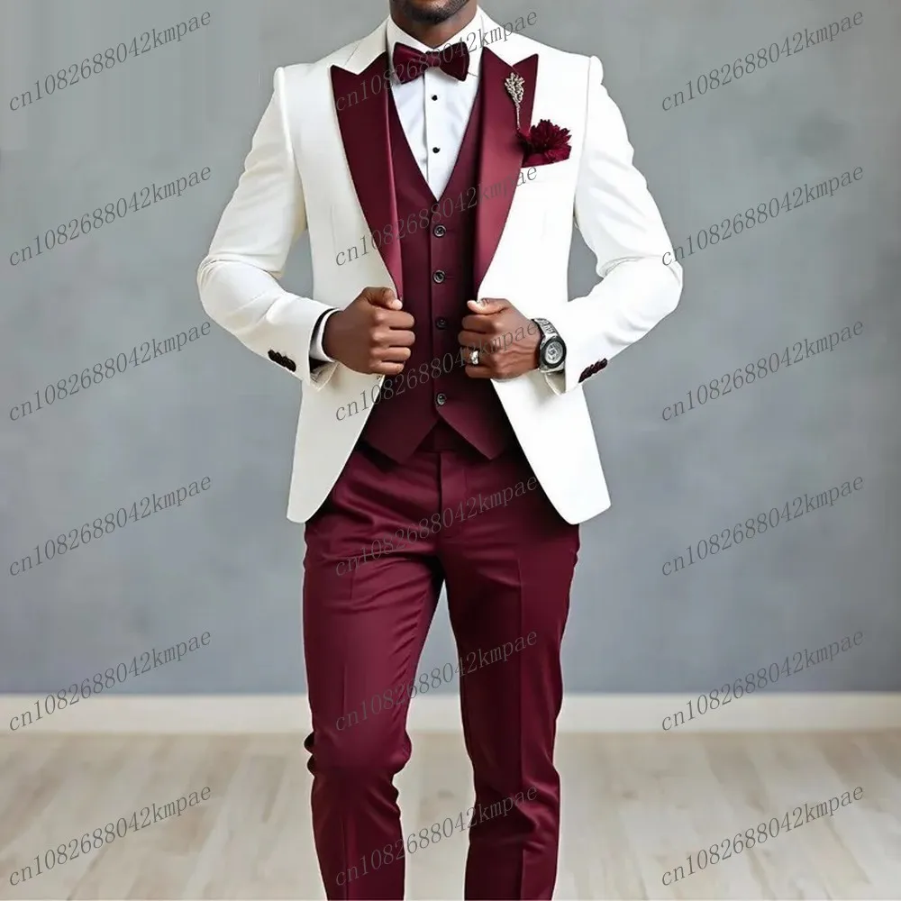 

White And Burgundy Formal Men Suit Groom Groomsman Wedding Party Prom Business Male Tuxedos 3 Piece Set Blazer Vest Pants