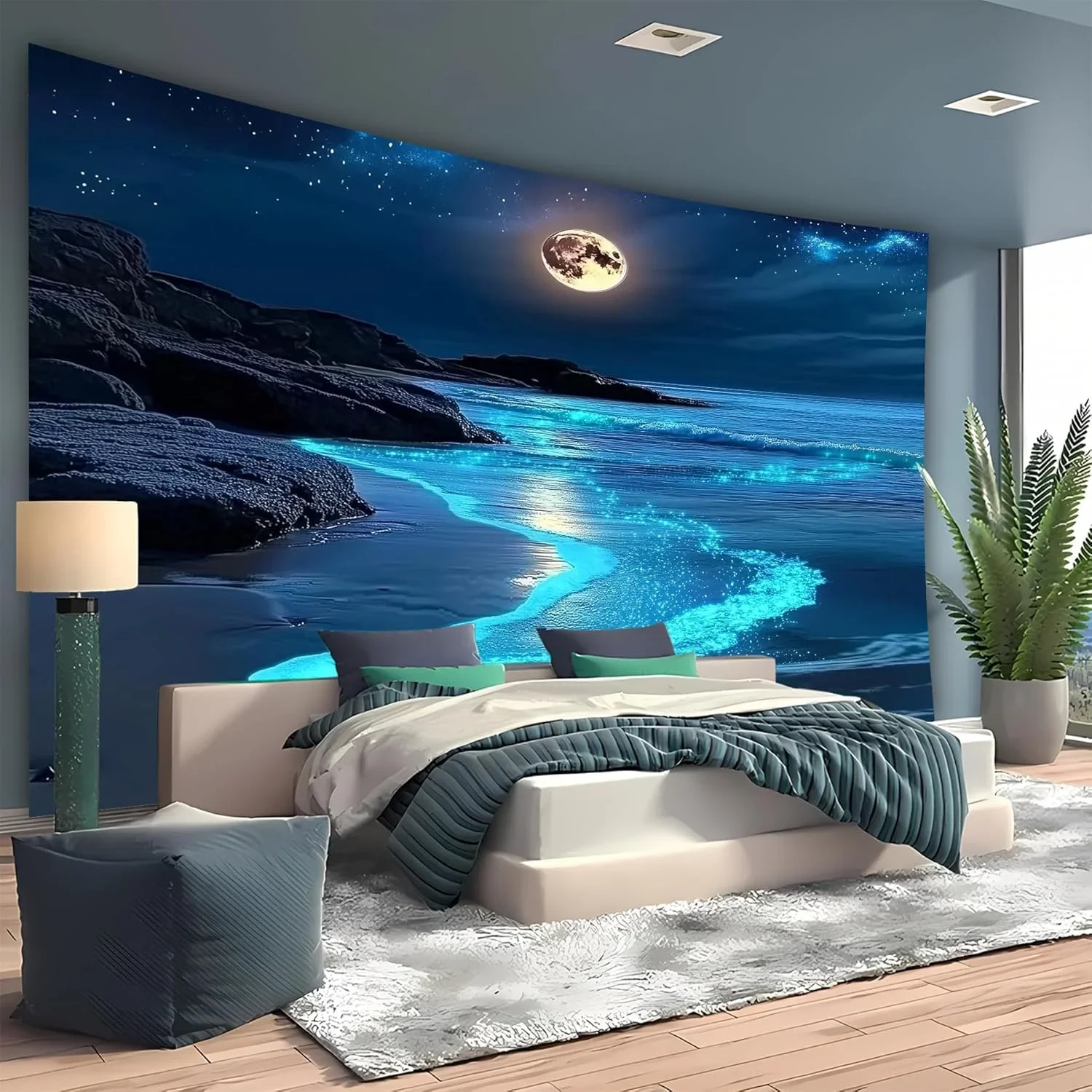 3D Fantasy Nature Sky Tapestry Stunningly Beautiful Moon Over Ocean Wall Hanging Landscape Wall Art Blanket For Bedroom