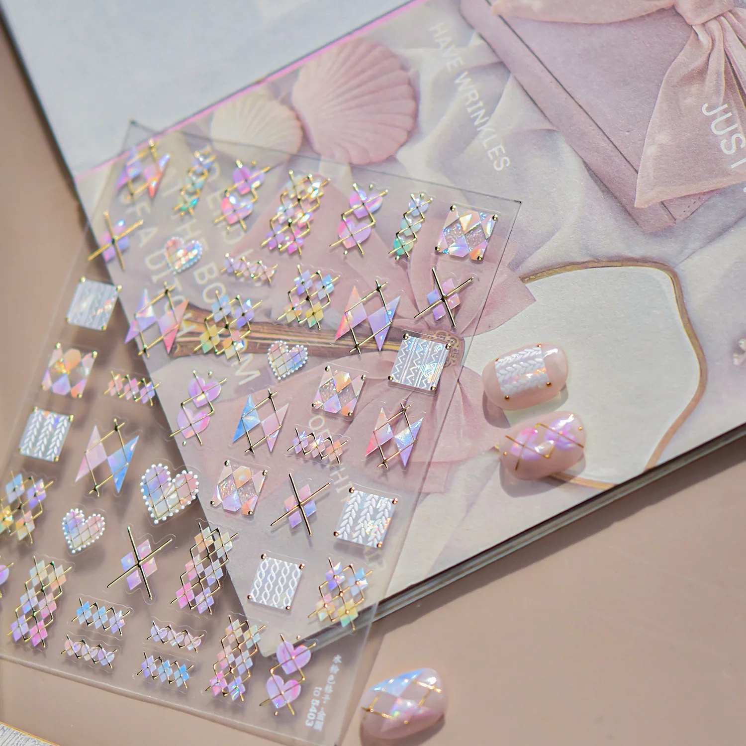 Gold-embossed Nail Art Stickers Luxury Pink Love Heart Checkered Decorative Stickers For Nails Back Adhesive Nail 3D Accessories