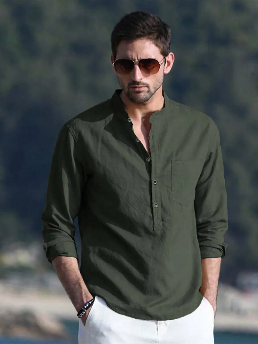 

Men's Olive Green Minimalist Long Sleeve Button-Front Shirt for Fall