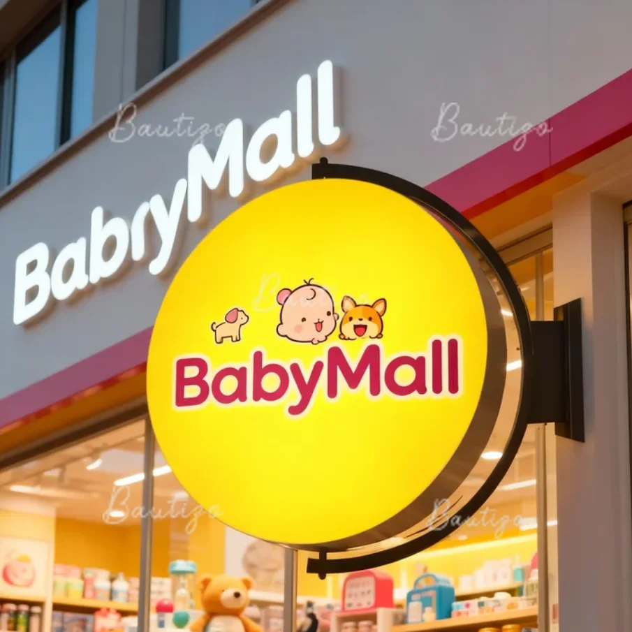 Custom 360 Rotating Light Box Sign Personalized Double Sided Outdoor Logo Acrylic LED BabyMall Business Signboard Waterproof