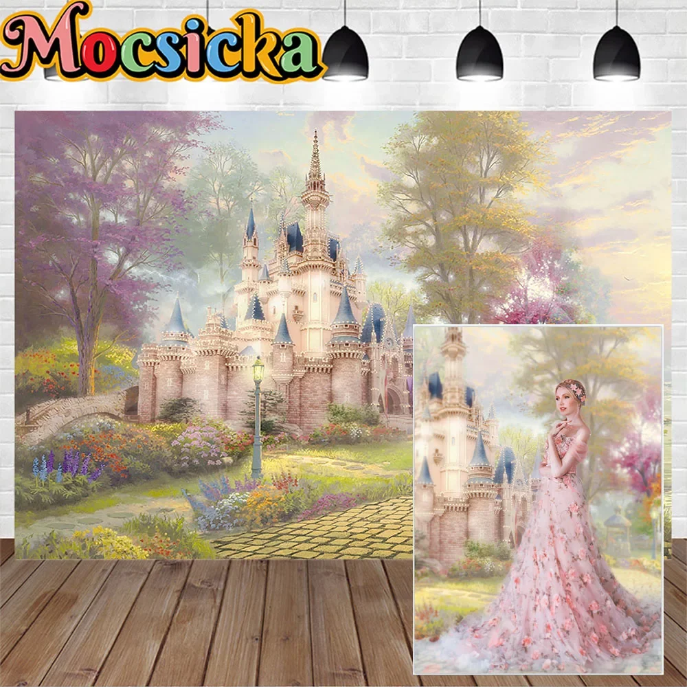 

Pink Fantasy Castle Wedding Photography Background Fairyland Sweet Girl Birthday Backdrop Street Light Stone Road Forest Photo