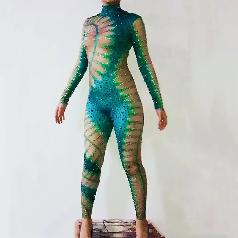 Combinaison moulante verte avec strass scintillants, Sexy, discothèque, Bar, spectacle de danse, Costume de fête, spectacle de chanteur, vêtements de scène