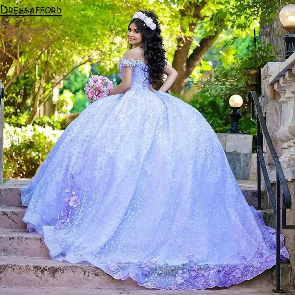 Lilac Glitter คริสตัล Quinceanera Ball Gown ปิดไหล่หวาน15 3D ดอกไม้ Appliques Vestidos De Quinceañera