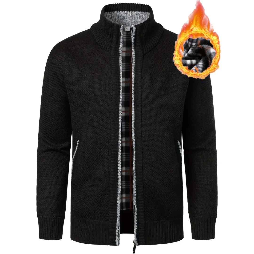 Slavinson Men'S Sweater Winter Warm Casual Solid Color Stand Collar Zippered Cardigan Fashion Sweater Regular Plush Coat US Size