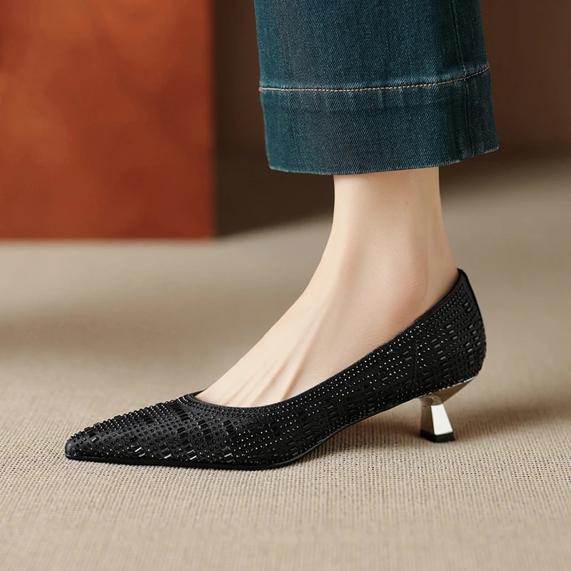 Women's New Spring and Autumn Genuine Leather Shining Pointed French Deep Mouth Fashion High Heels Single Shoes Wedding Shoes