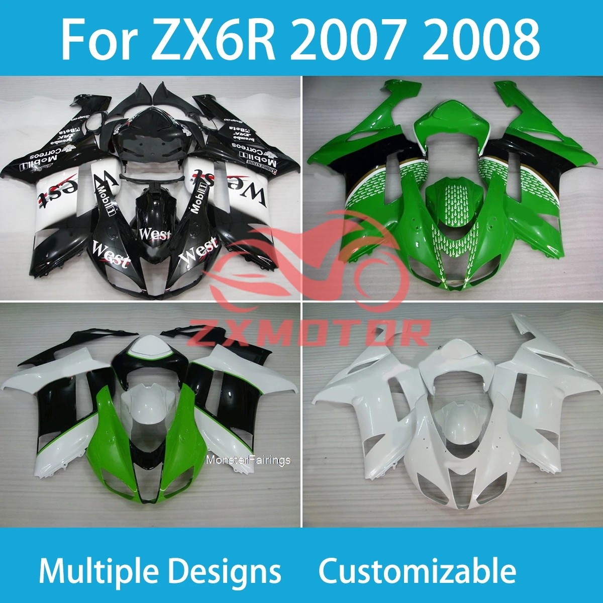 

Обтекатели мотоцикла для Kawasaki Ninja 636 ZX-6R 07 08, комплект кузова, белый пластиковый комплект обтекателя ZX6R 2007 2008