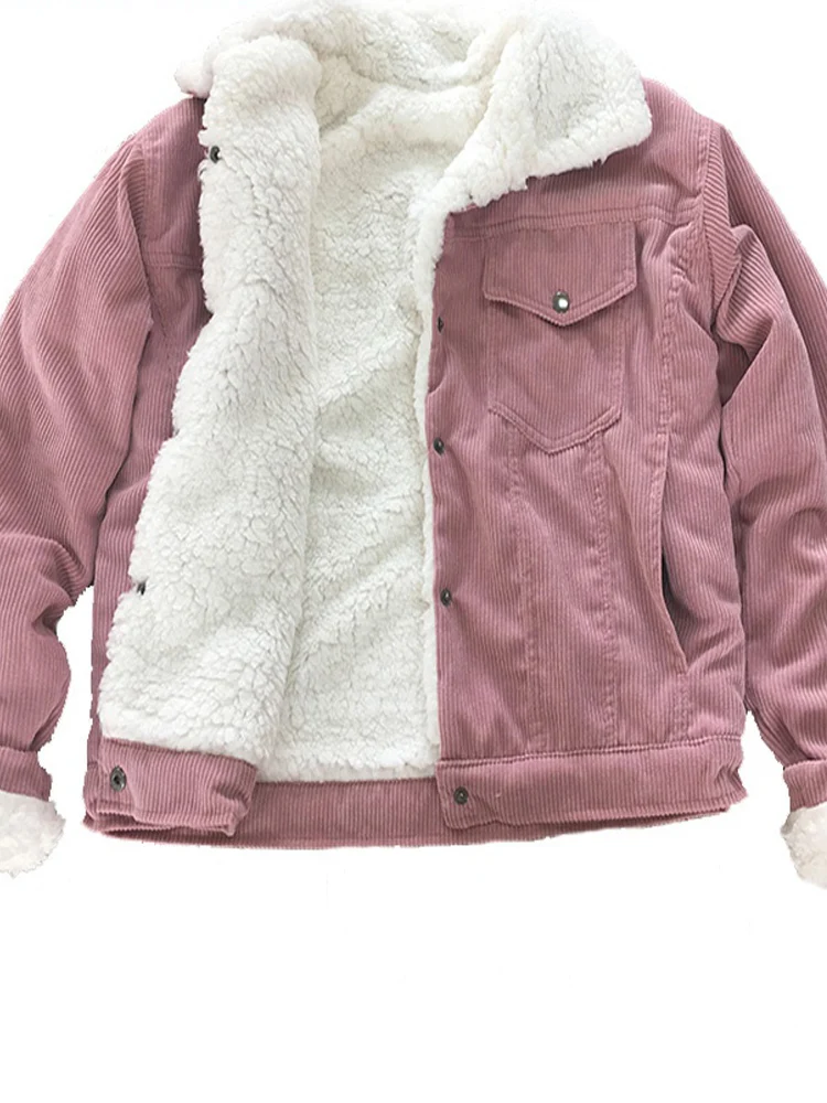 Vangull Women Winter Solid Long Sleeve Outerwear Female Vintage Short Lady Outwear Warm Corduroy Padded Jacket Thick Velvet Coa