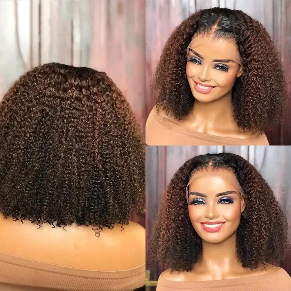 Perruque Lace Front Synthétique Sans Colle pour Femme, Cheveux Crépus Bouclés, Brun Foncé Ombre, Cheveux de Bébé Pré-épilés, Degré de Chaleur, Long et Doux, 20 po