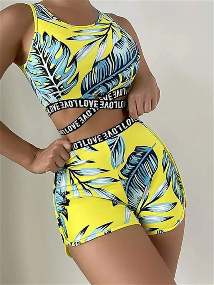 Dwuczęściowy damski strój kąpielowy 2024 New Print Leaves Sexy High Waist Shorts Swimwear Tankini Summer Beachwear Strój kąpielowy dla kobiet