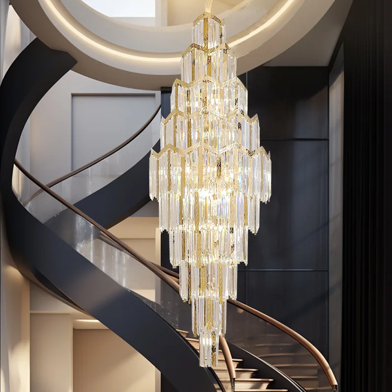 New Design Villa High Ceiling Living Room Crystal Light Hotel Lobby Long chandelier Duplex Simple Rotating Stairwell PendantLamp