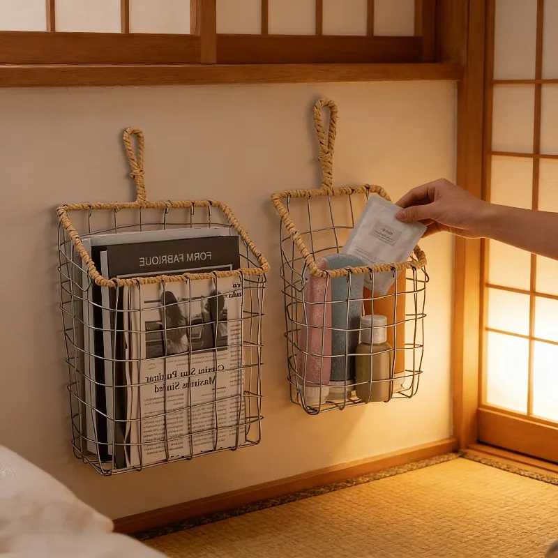 2pcs Set Japanese Style Wire Woven Sundries Storage Hanging Basket Wall-Mounted Shelf Kitchen Utensil Cookware Storage Baskets
