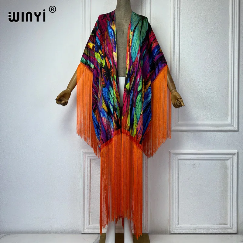 WINYI kimono beach cover-ups boho print summer outfits for women Elegant fashion Cardigan sexy Holiday tassels long down dress