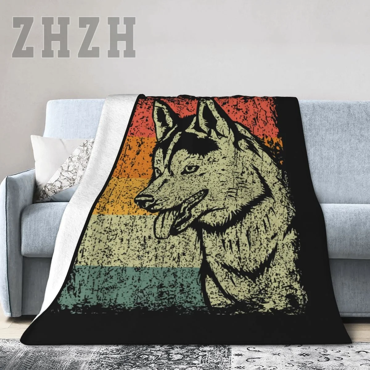 Retro Siberian Husky Dog Vintage Blanket Flannel Multifunction Outdoor Camping Sofa Cover Single Keep Warm