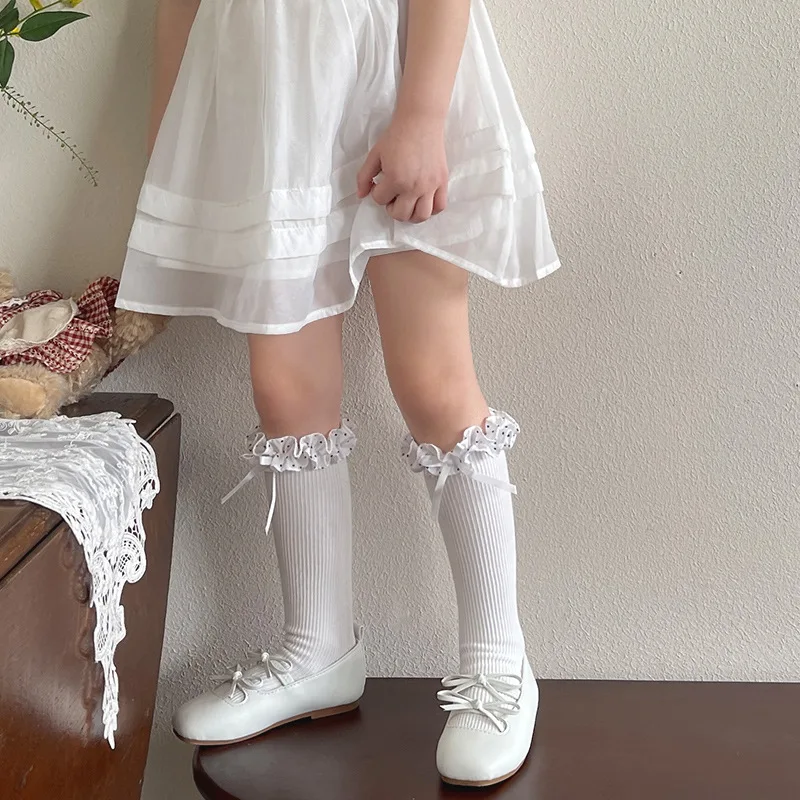 

MILANCEL New Spring Kids Straight Socks 3-8T Sweet Lace Dots Girls Stacked Socks 5 Colors Children Student Socks