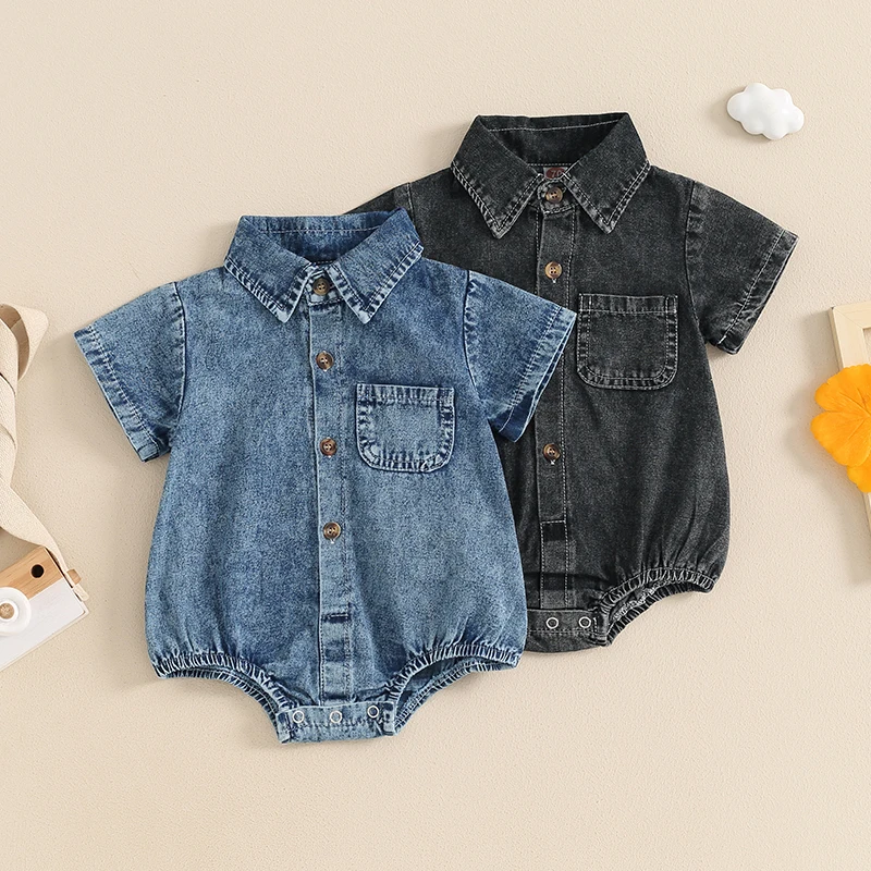 Infant Boys Girls Denim Rompers Solid Color Short Sleeve Turn-Down Collar Buttons Baby Summer Jumpsuits Casual Bodysuits